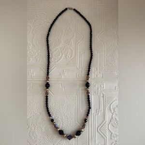 Vintage 1940's Gold, Black, and Purple Beaded Necklace with a barrel clasp